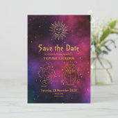 Zodiac Burgundy Gold Gemini/Leo Celestie Modern Save The Date (Stehend Vorderseite)