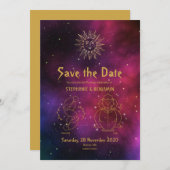 Zodiac Burgundy Gold Gemini/Leo Celestie Modern Save The Date (Vorne/Hinten)
