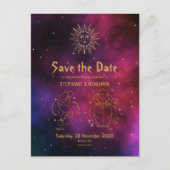 Zodiac Burgundy Gold Gemini/Leo Save the Date Ankündigungspostkarte (Vorderseite)
