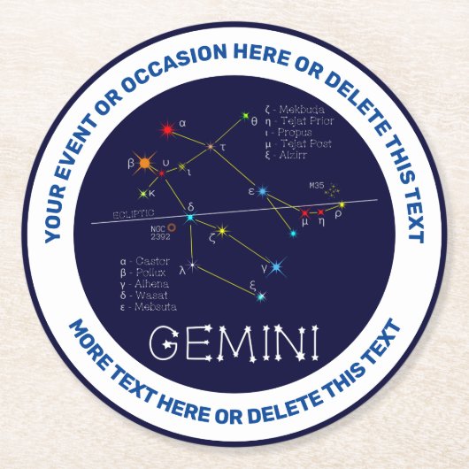 Zodiac Constellation Gemini Runder Pappuntersetzer (Vorderseite)