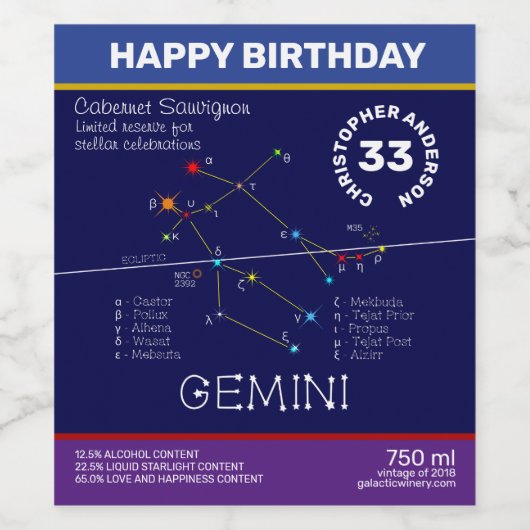 Zodiac Constellation Gemini Weinetikett (Einzelnes Label)