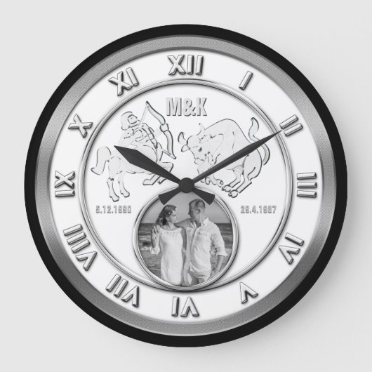 Zodiac Couple Foto Wedding Monogram Your Signs Große Wanduhr (Vorderseite)