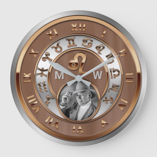 Zodiac Foto Bronze Silver Birth Monogram Leo Lion Große Wanduhr (Vorderseite)