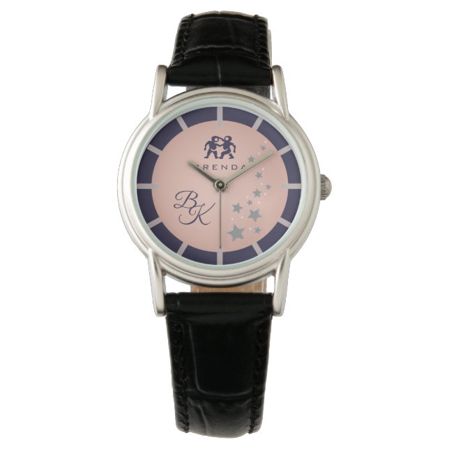Zodiac Gemini Elegant Rosé Dark Blue Mit Monogramm Armbanduhr (Vorderseite)