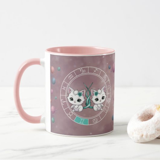 Zodiac Gemini Niedlich Cat Wheel Planet Astrologie Tasse (Mit Donut)