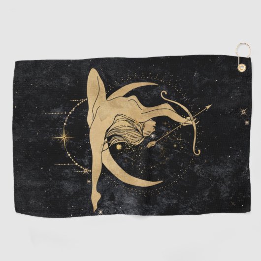 Zodiac Goddess | Cosmic Gold Sagittarius Astrologi Golfhandtuch (Horizontal)