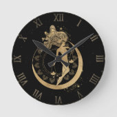 Zodiac Libra | Kosmisches Gold und schwarze Astrol Runde Wanduhr (Vorderseite)