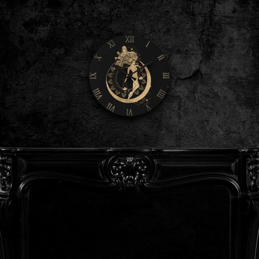 Zodiac Libra | Kosmisches Gold und schwarze Astrol Runde Wanduhr