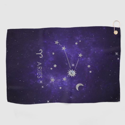 Zodiac Lila Aries | Kosmisches Astrologie Horoskop Golfhandtuch (Horizontal)