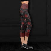 Zodiac Magic Crimson | Henna Red Gothic Skull Rose Capri Leggings