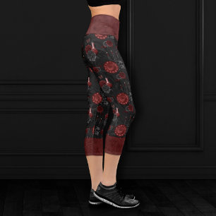 Zodiac Magic Crimson Henna Red Gothic Skull Rose Capri Leggings