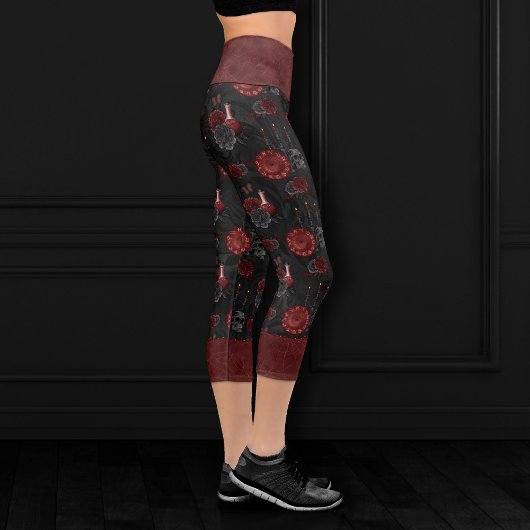 Zodiac Magic Crimson | Henna Red Gothic Skull Rose Capri Leggings