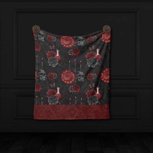 Zodiac Magic Crimson | Henna Red Gothic Skull Rose Fleecedecke