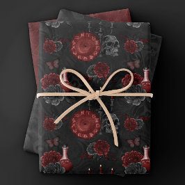 Zodiac Magic Crimson | Henna Red Gothic Skull Rose Geschenkpapier Set
