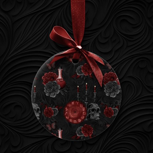 Zodiac Magic Crimson | Henna Red Gothic Skull Rose Keramik Ornament