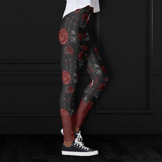 Zodiac Magic Crimson | Henna Red Gothic Skull Rose Leggings
