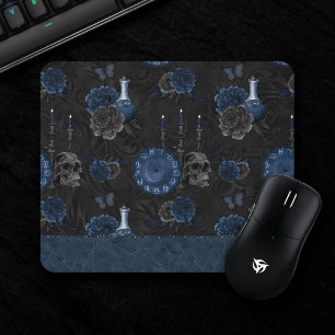 Zodiac Magic Dark Navy Blue Gothic Skull Roses Mousepad