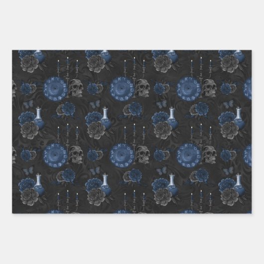 Zodiac Magic | Dark Navy Blue Gothull Rose Geschenkpapier Set (Vorderseite)