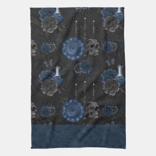 Zodiac Magic | Dark Navy Blue Gothull Rose Geschirrtuch (Vertikal)