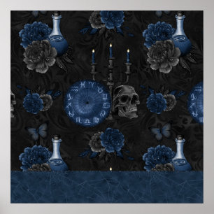 Zodiac Magic   Dark Navy Blue Gothull Rose Poster