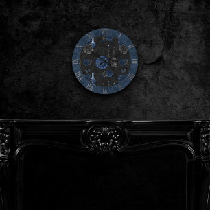 Zodiac Magic   Dark Navy Blue Gothull Rose Runde Wanduhr