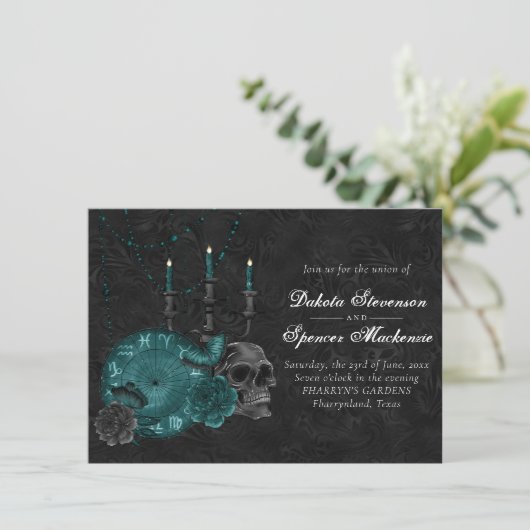 Zodiac Magic | Dunkelgrüne, Aquamarine Rose des Sc Einladung (Stehend Vorderseite)