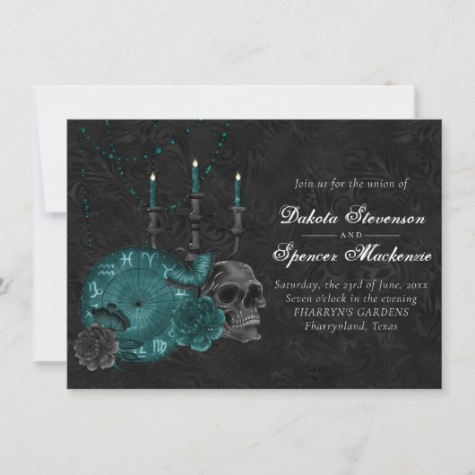 Zodiac Magic | Dunkelgrüne, Aquamarine Rose des Sc Einladung (Vorderseite)