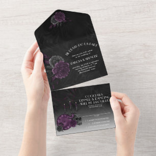 Zodiac Magic   Dunkle Lila Gothic-Schädel-Rose All In One Einladung
