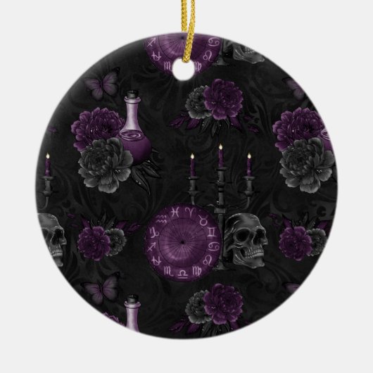 Zodiac Magic | Dunkle Lila Pflaumengotik Rose Keramik Ornament (Vorne)