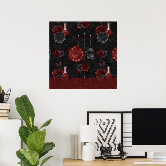 Zodiac Magic | Henna Red Gothic Skull Rose Tränke Poster (Heimbüro)