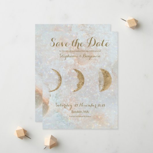 Zodiac Moon Ice Blue Celestial Gold Save the Date Ankündigung (Vorderseite/Rückseite Beispiel)