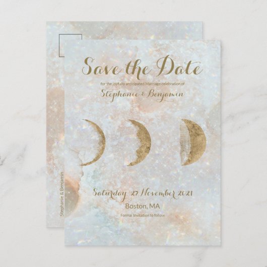 Zodiac Moon Ice Blue Celestial Gold Save the Date Ankündigungspostkarte (Vorne/Hinten)