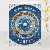 Zodiac Old World Birthday Sun Signs Blue + Name Karte (Gelbe Blume)