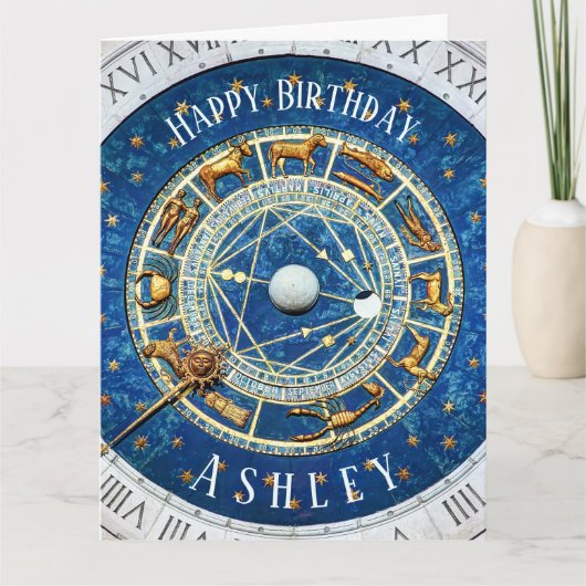 Zodiac Old World Birthday Sun Signs Blue + Name Karte (Vorderseite)