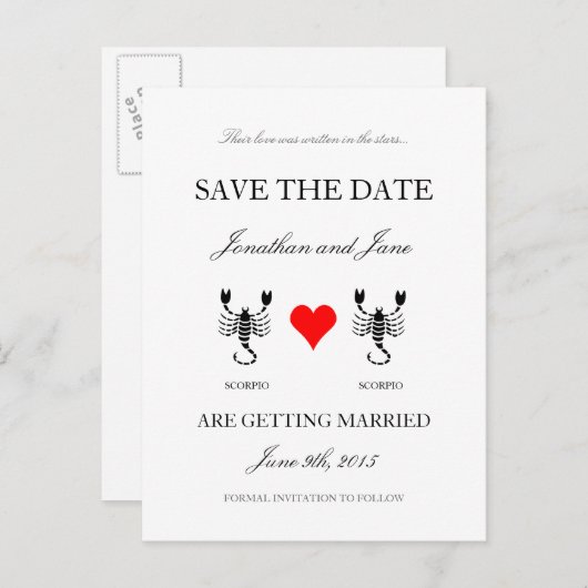 Zodiac Save the Date (Scorpio/Scorpio) weiß Ankündigungspostkarte (Vorne/Hinten)