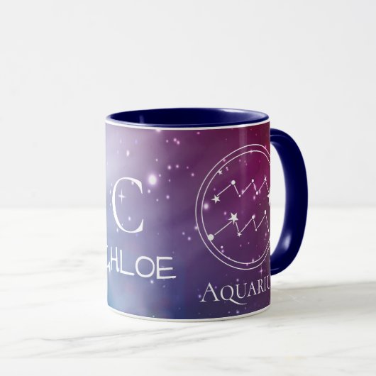 Zodiac Sign AQUARIUS Lila Blue Name Monogramm Tasse (VorderseiteRechts)