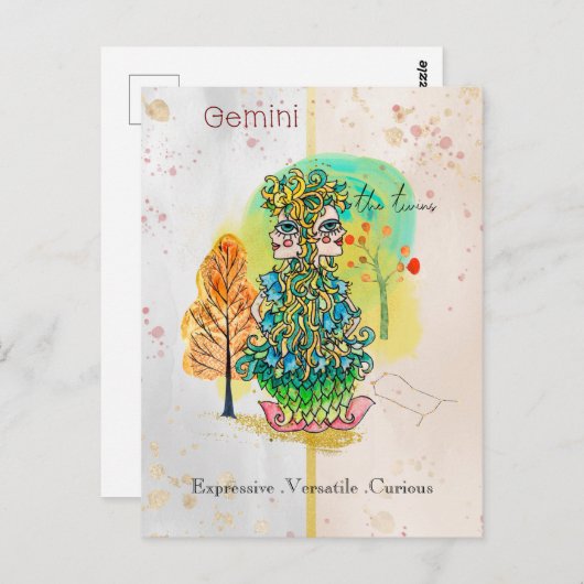 Zodiac Sign Gemini Whimsical Twins Green Yellow Postkarte (Vorne/Hinten)