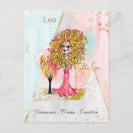 Zodiac Sign Leo The Lion Whimsical Girl Red Yellow Postkarte