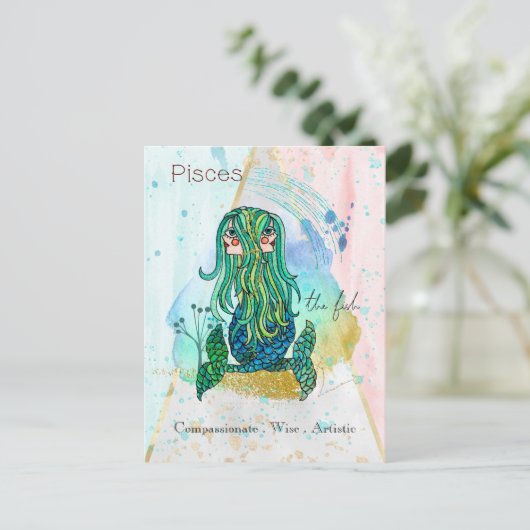 Zodiac Sign Pisces Whimsical Girl Symbolic Fisch Postkarte (Stehend Vorderseite)