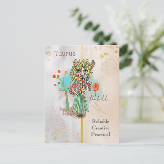 Zodiac Sign Taurus Whimsical Girl Symbolic Bull Postkarte (Stehend Vorderseite)