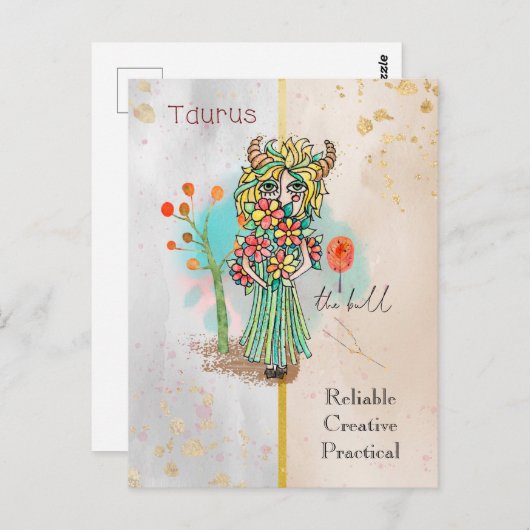 Zodiac Sign Taurus Whimsical Girl Symbolic Bull Postkarte (Vorne/Hinten)