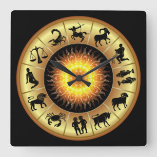 Zodiac Signs ~ Toasted Sun Center ~ Quadratische Wanduhr