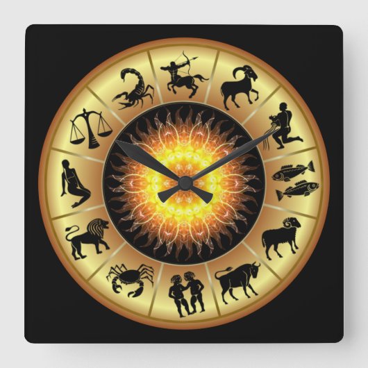 Zodiac Signs ~ Toasted Sun Center ~ Quadratische Wanduhr (Vorderseite)