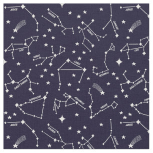 Zodiac Star Maps White on Dark Blue Cheeky Witz® Stoff
