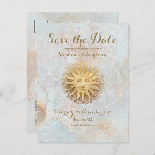 Zodiac Sun Ice Blue Celestial Gold Save the Date Ankündigungspostkarte (Vorne/Hinten)