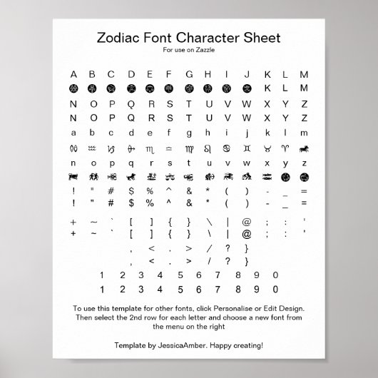 Zodiac Symbol Font Chararacter Reference Poster (Vorne)