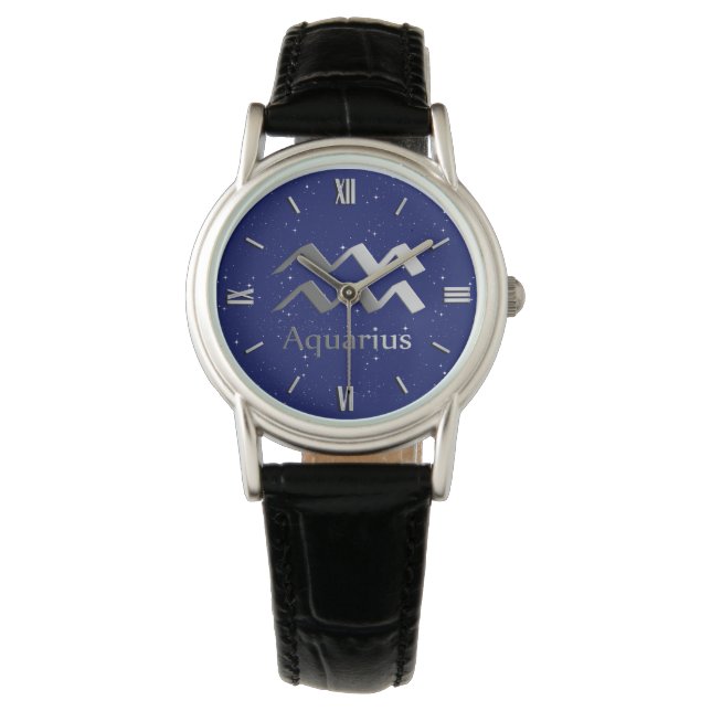 Zodiac-Symbol für Aquarius auf Deep Midnight Blue Armbanduhr (Vorderseite)