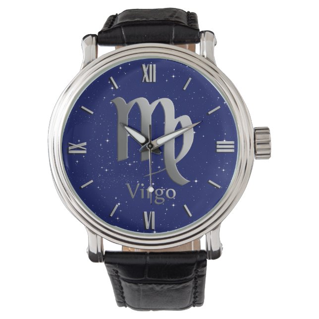 Zodiac-Symbol für Virgo auf Deep Midnight Blue Armbanduhr (Vorderseite)