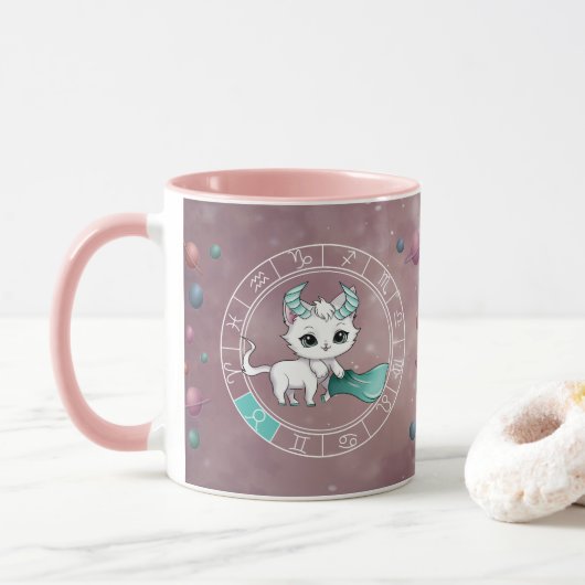 Zodiac Taurus Niedlich Cat Wheel Planet Astrologie Tasse (Mit Donut)