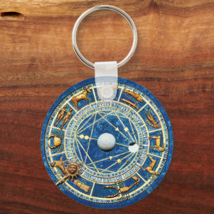 Zodiac Wheel Astrologie Celestial Blue Antique Gol Schlüsselanhänger